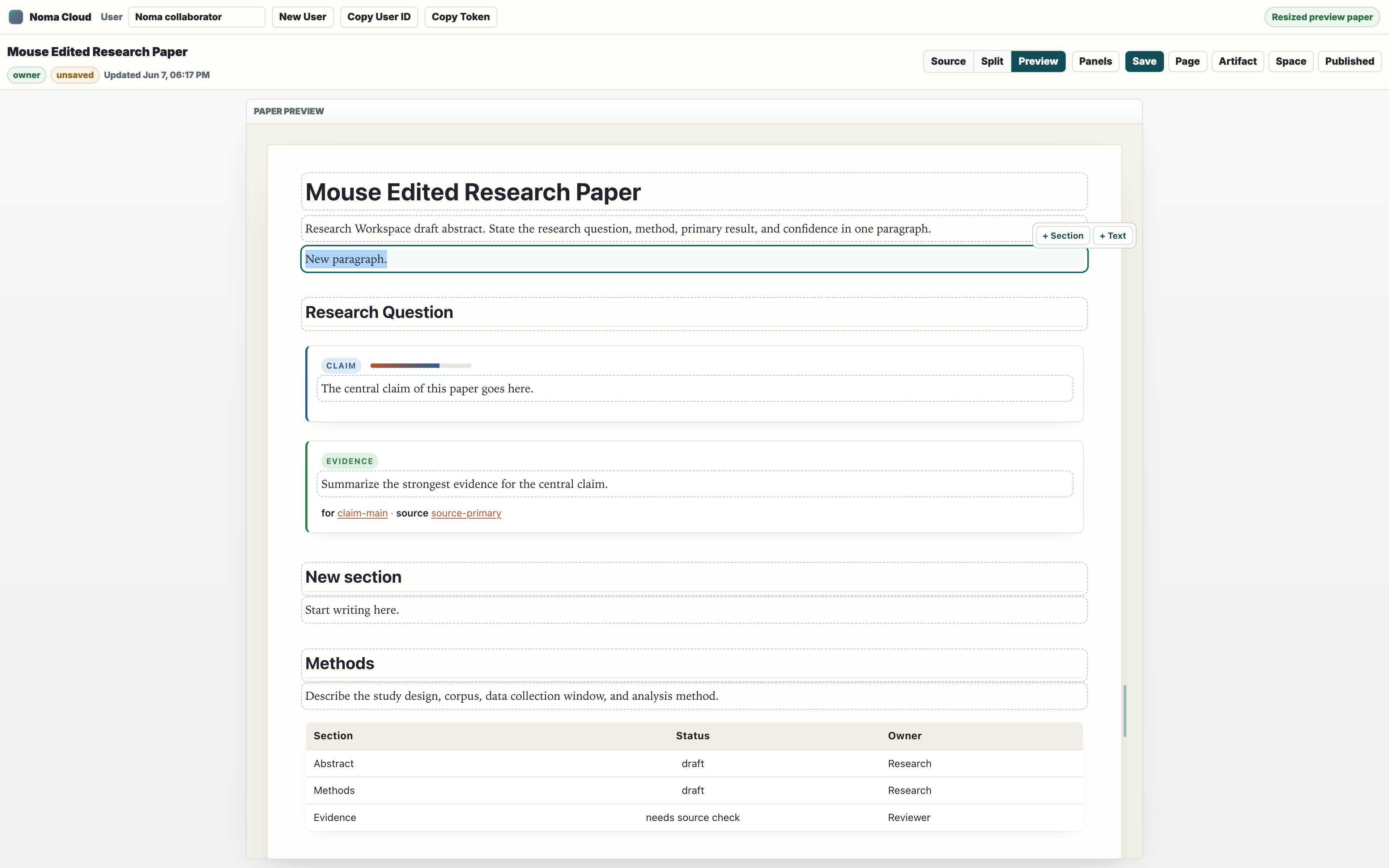 Noma Cloud editing a paper with live preview, diagnostics, and outline derived from the Noma source.