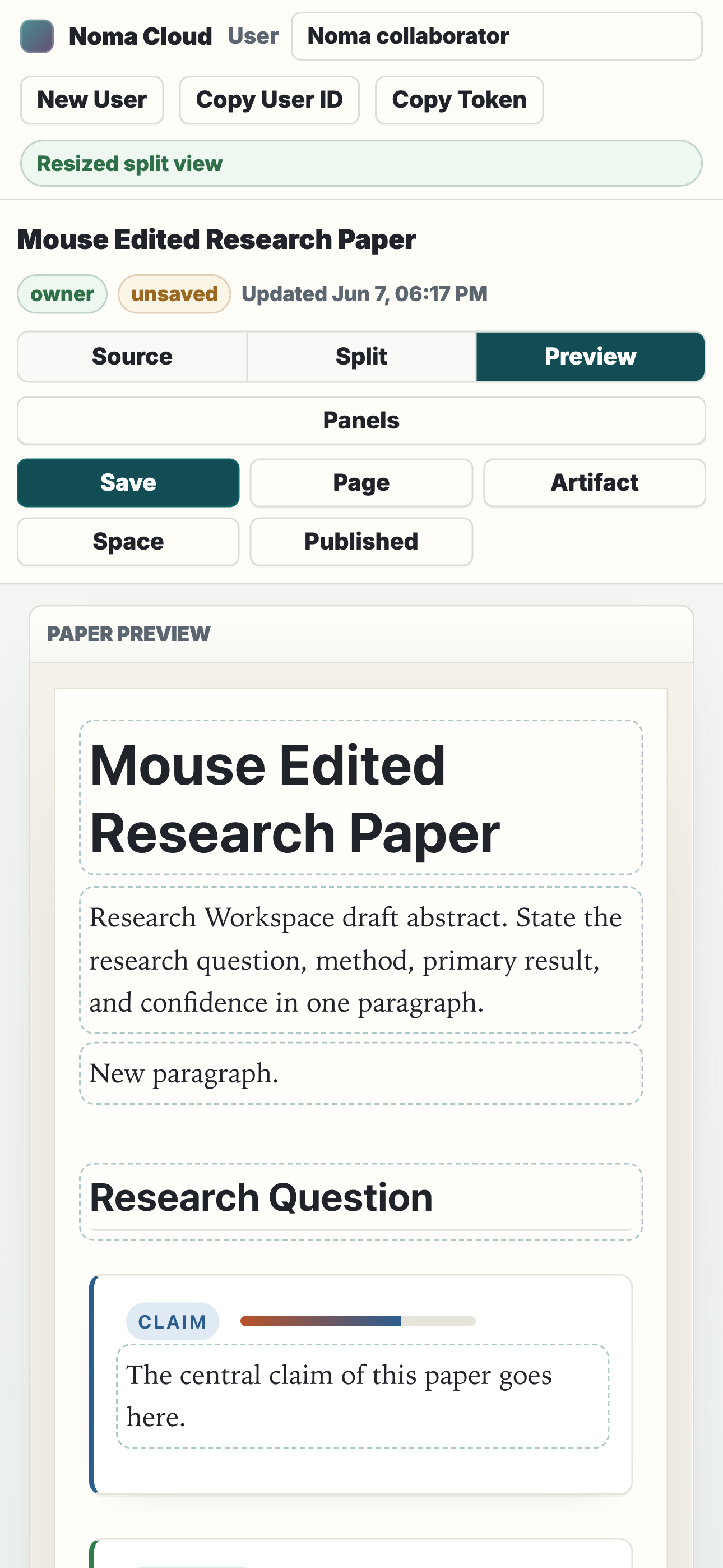 Mobile Noma Cloud layout with responsive controls and stacked editor sections.