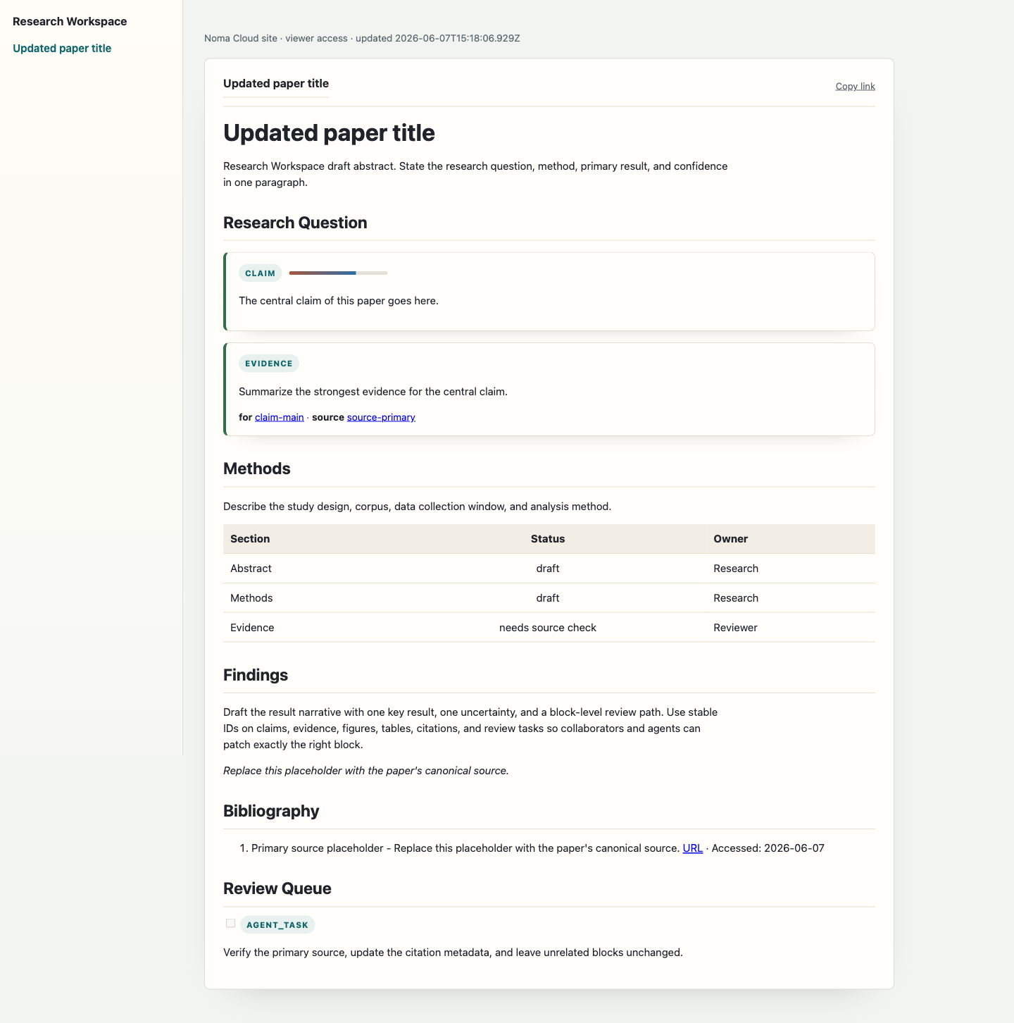 Published Noma Cloud site showing a rendered multi-page reader artifact.