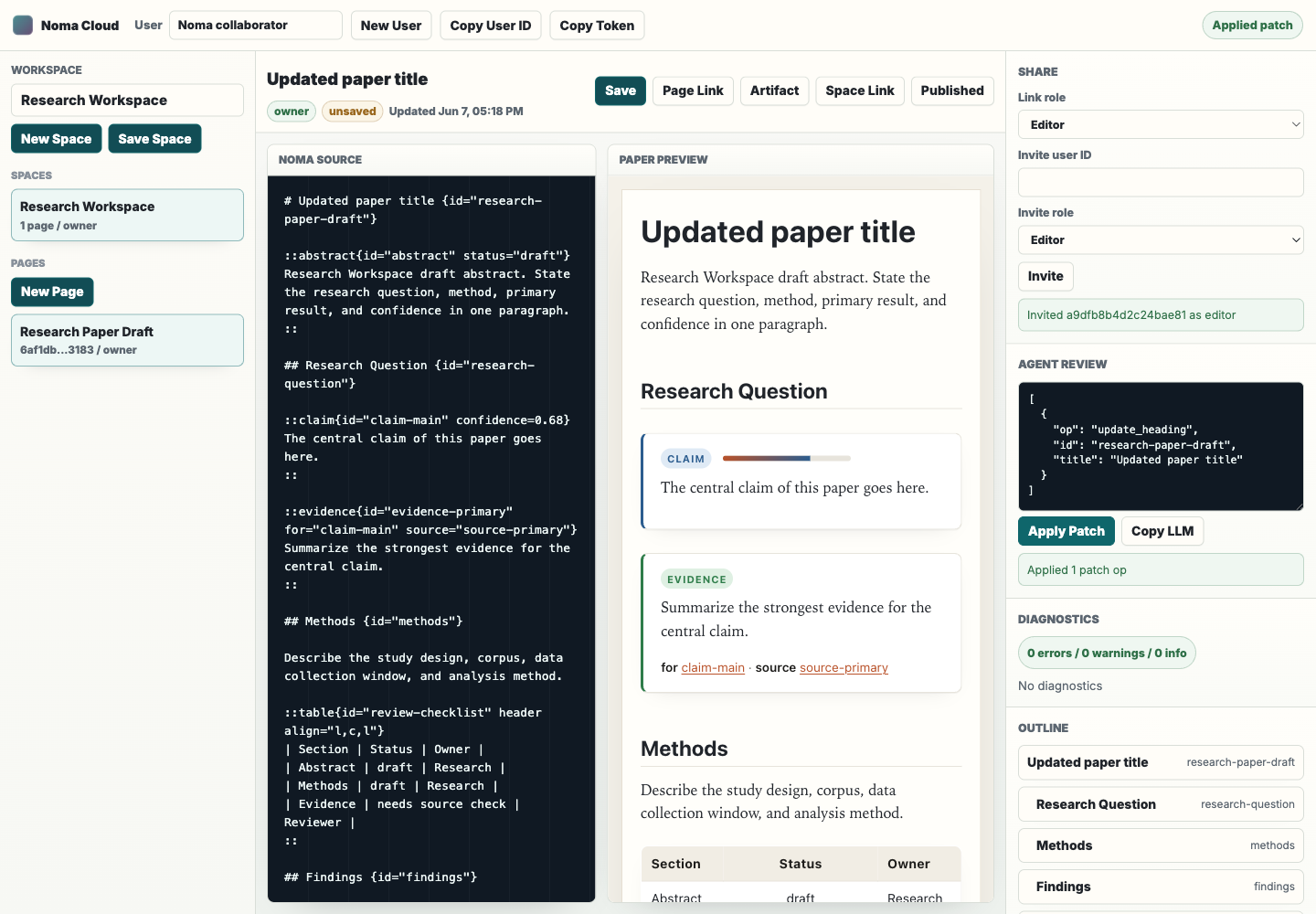 Noma Cloud share panel with viewer/editor links, collaborator invite controls, and agent patch controls.