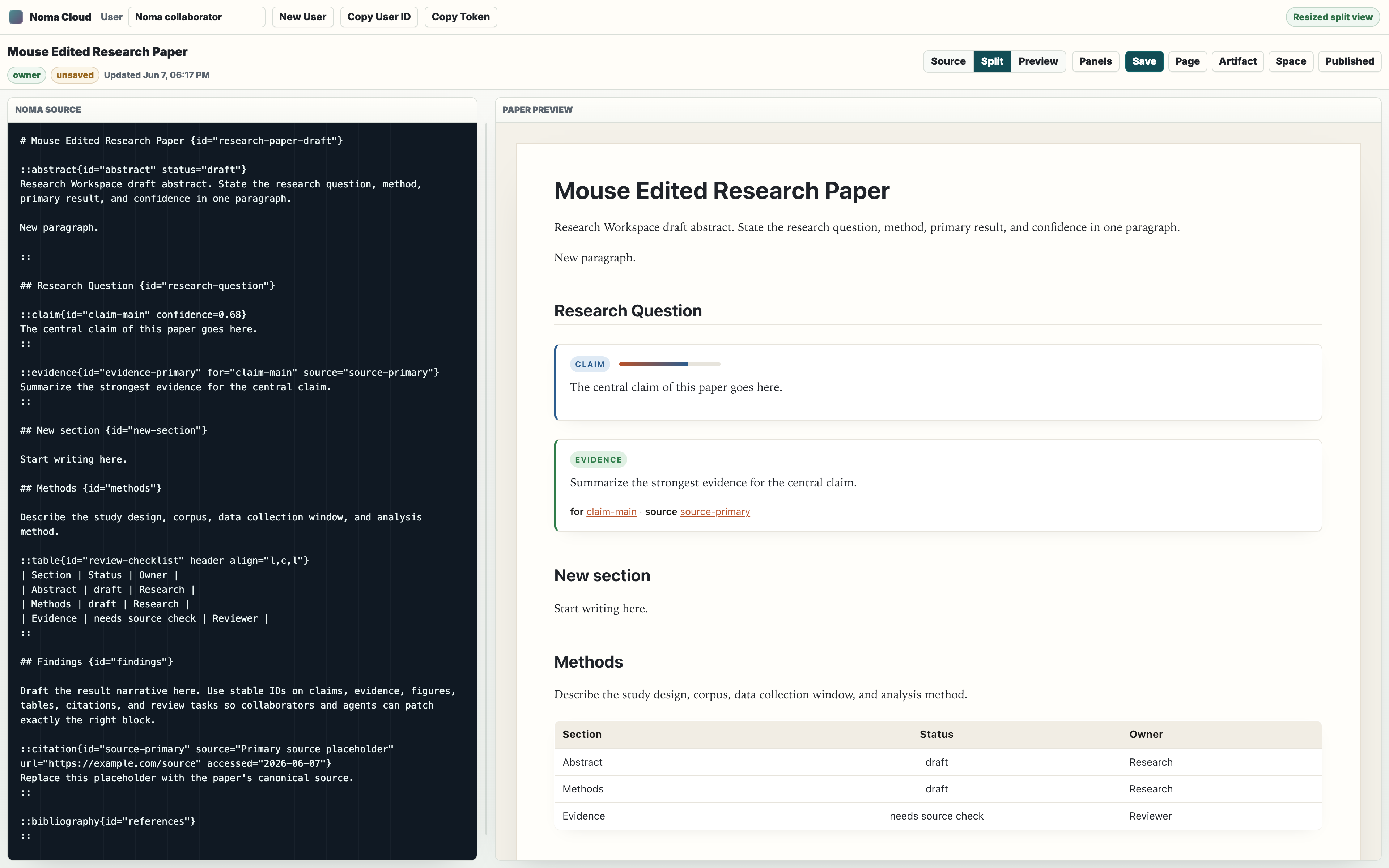 Noma Cloud workspace with navigation, paper source editor, rendered paper preview, share panel, agent review panel, diagnostics, and outline.